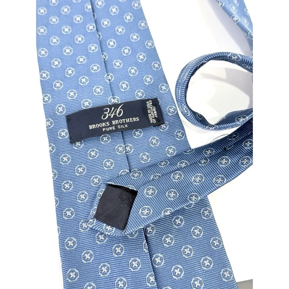 BROOKS BROTHERS Silk Tie USA Blue White Geometric W:3.8